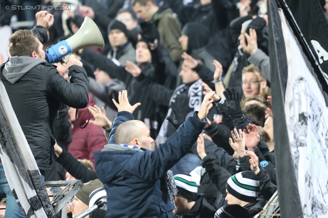 Admira Wacker - Sturm Graz
Oesterreichische Fussball Bundesliga, 22. Runde, FC Admira Wacker - SK Sturm Graz, Stadion Suedstadt Maria Enzersdorf, 08.02.2014. 

Foto zeigt Fans von Sturm
