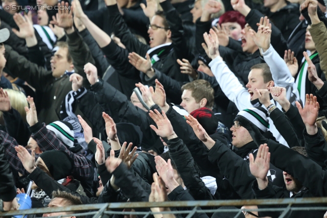 Admira Wacker - Sturm Graz
Oesterreichische Fussball Bundesliga, 22. Runde, FC Admira Wacker - SK Sturm Graz, Stadion Suedstadt Maria Enzersdorf, 08.02.2014. 

Foto zeigt Fans von Sturm
