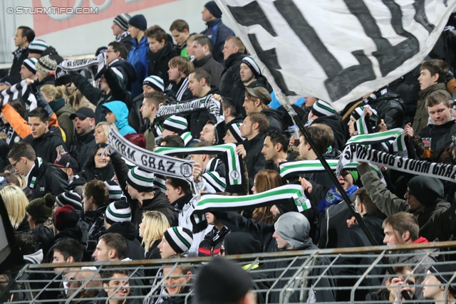 Admira Wacker - Sturm Graz
Oesterreichische Fussball Bundesliga, 22. Runde, FC Admira Wacker - SK Sturm Graz, Stadion Suedstadt Maria Enzersdorf, 08.02.2014. 

Foto zeigt Fans von Sturm
