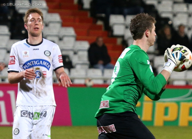 Admira Wacker - Sturm Graz
Oesterreichische Fussball Bundesliga, 22. Runde, FC Admira Wacker - SK Sturm Graz, Stadion Suedstadt Maria Enzersdorf, 08.02.2014. 

Foto zeigt Robert Beric (Sturm) und Manuel Kuttin (Admira)
