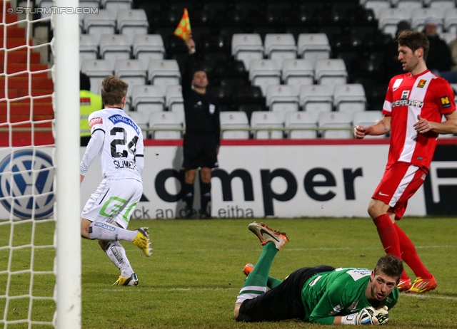 Admira Wacker - Sturm Graz
Oesterreichische Fussball Bundesliga, 22. Runde, FC Admira Wacker - SK Sturm Graz, Stadion Suedstadt Maria Enzersdorf, 08.02.2014. 

Foto zeigt Marc Andre Schmerboeck (Sturm) und Manuel Kuttin (Admira)
