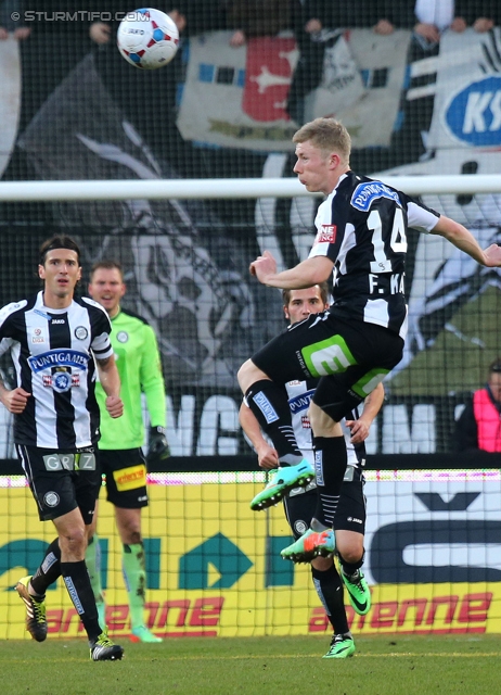 Sturm Graz - Salzburg
Oesterreichische Fussball Bundesliga, 23. Runde, SK Sturm Graz -  FC RB Salzburg, Stadion Liebenau Graz, 15.02.2014. 

Foto zeigt Florian Kainz (Sturm)
Schlüsselwörter: kopfball