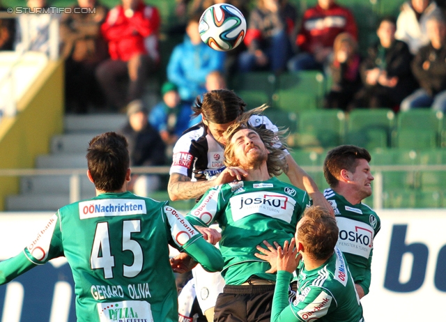 Ried - Sturm Graz
Oesterreichische Fussball Bundesliga, 24. Runde, SV Ried - SK Sturm Graz, Arena Ried, 22.02.2014. 

Foto zeigt Gerard Oliva Gorgori (Ried) und Nikola Vujadinovic (Sturm)
Schlüsselwörter: kopfball