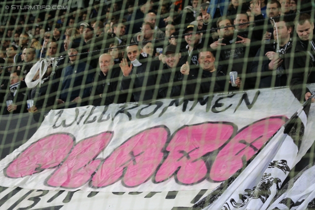 Sturm Graz - Wolfsberg
Oesterreichische Fussball Bundesliga, 25. Runde, SK Sturm Graz -  Wolfsberger AC, Stadion Liebenau Graz, 01.03.2014. 

Foto zeigt Fans von Sturm mit einem Spruchband
