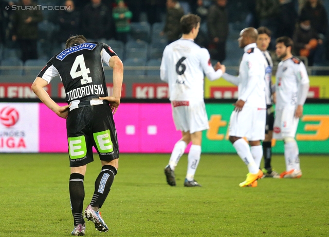 Sturm Graz - Wolfsberg
Oesterreichische Fussball Bundesliga, 25. Runde, SK Sturm Graz -  Wolfsberger AC, Stadion Liebenau Graz, 01.03.2014. 

Foto zeigt Aleksandar Todorovski (Sturm) und Christian Falk (Wolfsberg)
