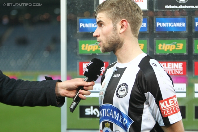 Sturm Graz - Wolfsberg
Oesterreichische Fussball Bundesliga, 25. Runde, SK Sturm Graz -  Wolfsberger AC, Stadion Liebenau Graz, 01.03.2014. 

Foto zeigt Manuel Weber (Sturm) beim Interview
