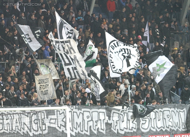 Sturm Graz - Austria Wien
Oesterreichische Fussball Bundesliga, 27. Runde, SK Sturm Graz -  FK Austria Wien, Stadion Liebenau Graz, 15.03.2014. 

Foto zeigt Fans von Sturm mit einem Spruchband
