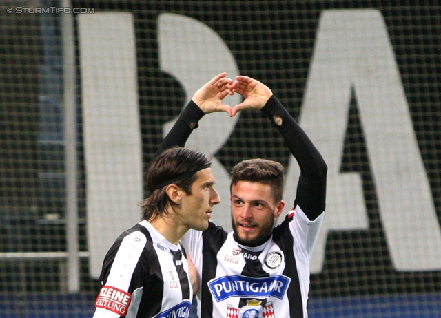 Sturm Graz - Wacker Innsbruck
Oesterreichische Fussball Bundesliga, 28. Runde, SK Sturm Graz -  FC Wacker Innsbruck, Stadion Liebenau Graz, 22.03.2014. 

Foto zeigt Nikola Vujadinovic (Sturm), Marco Djuricin (Sturm)
