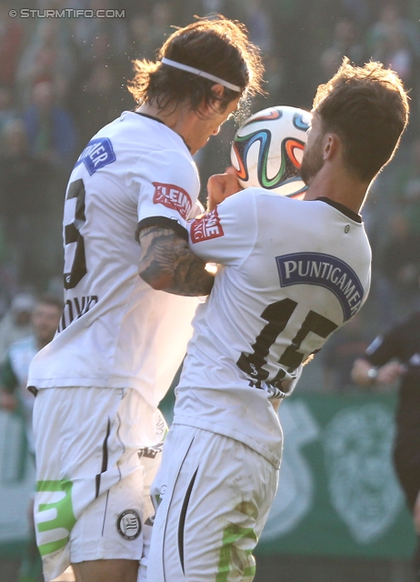 Rapid Wien - Sturm Graz
Oesterreichische Fussball Bundesliga, 30. Runde, SK Rapid Wien - SK Sturm Graz, Gerhard Hanappi Stadion Wien, 29.03.2014. 

Foto zeigt Nikola Vujadinovic (Sturm) und Michael Madl (Sturm)
