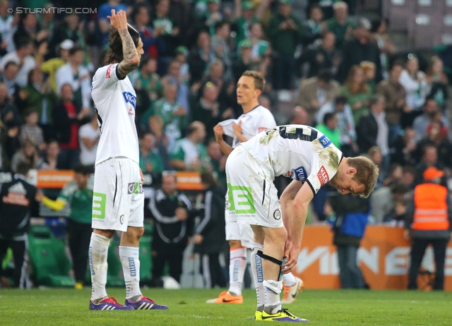 Rapid Wien - Sturm Graz
Oesterreichische Fussball Bundesliga, 30. Runde, SK Rapid Wien - SK Sturm Graz, Gerhard Hanappi Stadion Wien, 29.03.2014. 

Foto zeigt Nikola Vujadinovic (Sturm) und Robert Beric (Sturm)
Schlüsselwörter: enttaeuschung