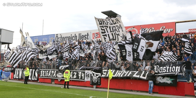 Admira Wacker - Sturm Graz
OEFB Cup, Viertelfinale, FC Admira Wacker Moedling - SK Sturm Graz, Stadion Suedstadt Maria Enzersdorf, 08.04.2014. 

Foto zeigt Fans von Sturm mit einer Choreografie
