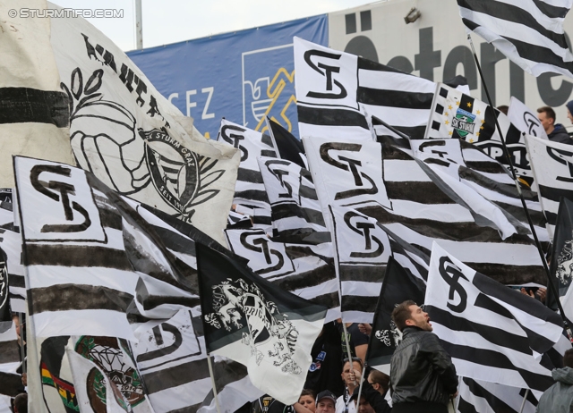 Admira Wacker - Sturm Graz
OEFB Cup, Viertelfinale, FC Admira Wacker Moedling - SK Sturm Graz, Stadion Suedstadt Maria Enzersdorf, 08.04.2014. 

Foto zeigt Fans von Sturm mit einer Choreografie
