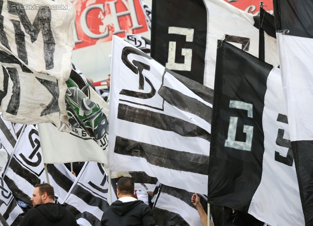 Admira Wacker - Sturm Graz
OEFB Cup, Viertelfinale, FC Admira Wacker Moedling - SK Sturm Graz, Stadion Suedstadt Maria Enzersdorf, 08.04.2014. 

Foto zeigt Fans von Sturm mit einer Choreografie
