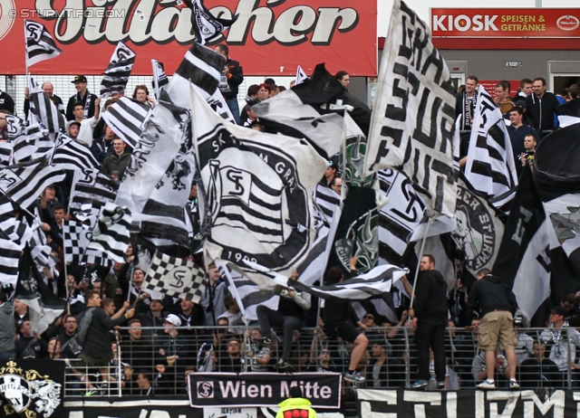 Admira Wacker - Sturm Graz
OEFB Cup, Viertelfinale, FC Admira Wacker Moedling - SK Sturm Graz, Stadion Suedstadt Maria Enzersdorf, 08.04.2014. 

Foto zeigt Fans von Sturm mit einer Choreografie
