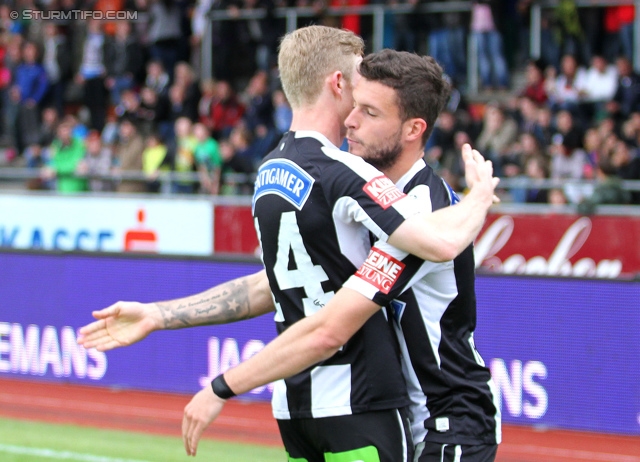 Wolfsberg - Sturm Graz
Oesterreichische Fussball Bundesliga, 34. Runde, Wolfsberger AC - SK Sturm Graz, Lavanttal Arena Wolfsberg, 27.04.2014. 

Foto zeigt Florian Kainz (Sturm), Marco Djuricin (Sturm)
