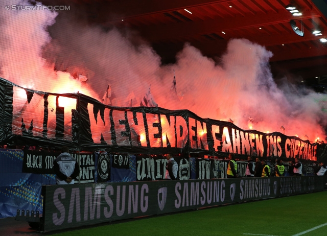 St. Poelten - Sturm Graz
OEFB Cup, Halbfinale, SKN St. Poelten - SK Sturm Graz, Arena St. Poelten, 07.05.2014. 

Foto zeigt Fans von Sturm mit einer Choreografie
Schlüsselwörter: pyrotechnik