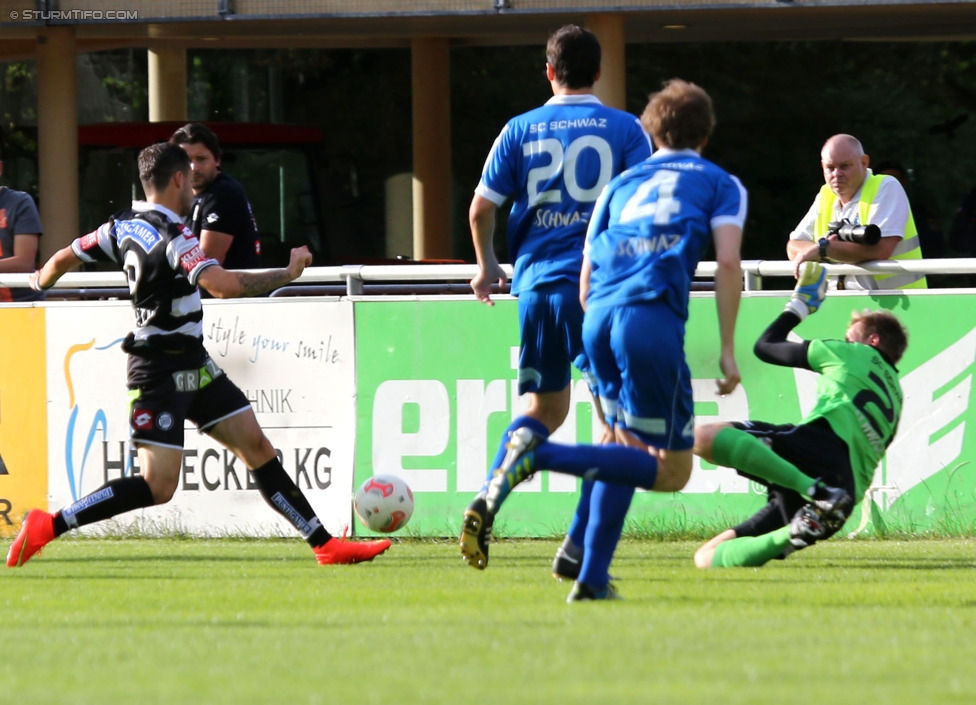 Schwaz - Sturm Graz
OEFB Cup, 1. Runde, SC Schwaz - SK Sturm Graz, Silberstadtarena Schwaz, 11.07.2014. 

Foto zeigt Marco Djuricin (Sturm), Thomas Burgstaller (Schwaz), Oliver Pohl (Schwaz) und Martin Troppmair (Schwaz)
