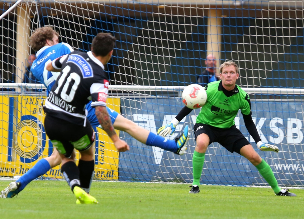 Schwaz - Sturm Graz
OEFB Cup, 1. Runde, SC Schwaz - SK Sturm Graz, Silberstadtarena Schwaz, 11.07.2014. 

Foto zeigt Marko Stankovic (Sturm) und Martin Troppmair (Schwaz)
