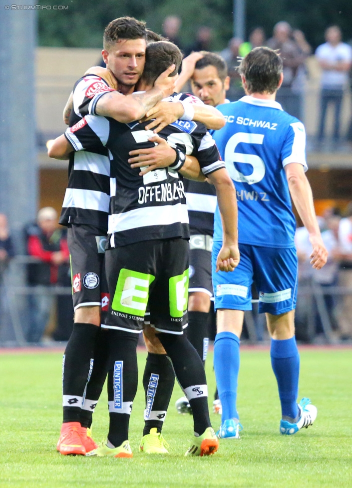 Schwaz - Sturm Graz
OEFB Cup, 1. Runde, SC Schwaz - SK Sturm Graz, Silberstadtarena Schwaz, 11.07.2014. 

Foto zeigt Marco Djuricin (Sturm) und Daniel Offenbacher (Sturm)
Schlüsselwörter: torjubel