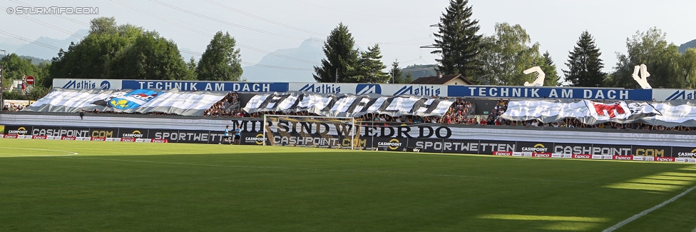 Altach - Sturm Graz
Oesterreichische Fussball Bundesliga, 1. Runde, SC Rheindorf Altach - SK Sturm Graz, Stadion Schnabelholz Altach, 19.07.2014. 

Foto zeigt Fans von Altach mit einer Choreografie
