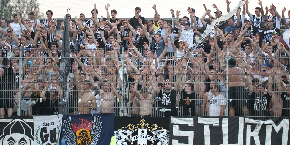 Altach - Sturm Graz
Oesterreichische Fussball Bundesliga, 1. Runde, SC Rheindorf Altach - SK Sturm Graz, Stadion Schnabelholz Altach, 19.07.2014. 

Foto zeigt Fans von Sturm
