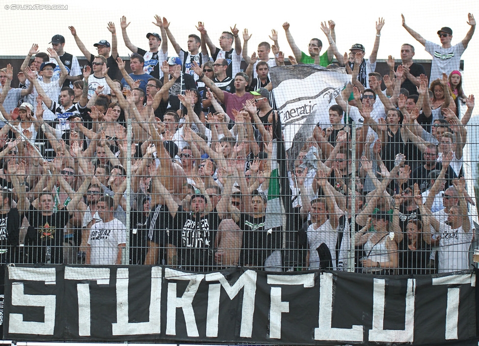 Altach - Sturm Graz
Oesterreichische Fussball Bundesliga, 1. Runde, SC Rheindorf Altach - SK Sturm Graz, Stadion Schnabelholz Altach, 19.07.2014. 

Foto zeigt Fans von Sturm
