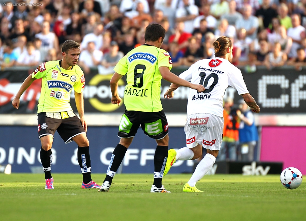 Altach - Sturm Graz
Oesterreichische Fussball Bundesliga, 1. Runde, SC Rheindorf Altach - SK Sturm Graz, Stadion Schnabelholz Altach, 19.07.2014. 

Foto zeigt Daniel Offenbacher (Sturm), Anel Hadzic (Sturm) und Patrick Salomon (Altach)
