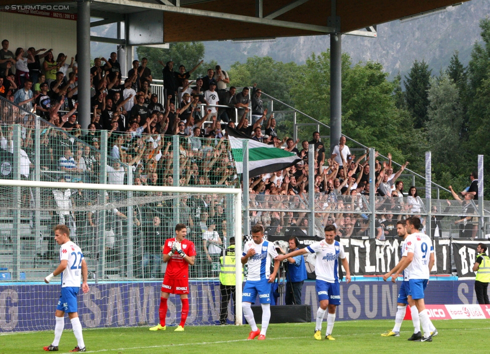 Groedig - Sturm Graz
Oesterreichische Fussball Bundesliga, 2. Runde, SV Groedig - SK Sturm Graz, Untersbergarena Groedig, 27.07.2014. 

Foto zeigt Fans von Sturm
