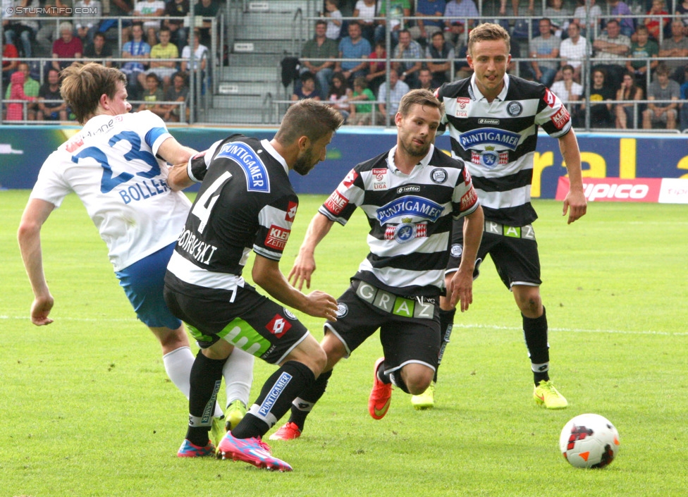 Groedig - Sturm Graz
Oesterreichische Fussball Bundesliga, 2. Runde, SV Groedig - SK Sturm Graz, Untersbergarena Groedig, 27.07.2014. 

Foto zeigt Sascha Boller (Groedig) , Aleksandar Todorovski (Sturm), David Schloffer (Sturm) und Daniel Beichler (Sturm)
