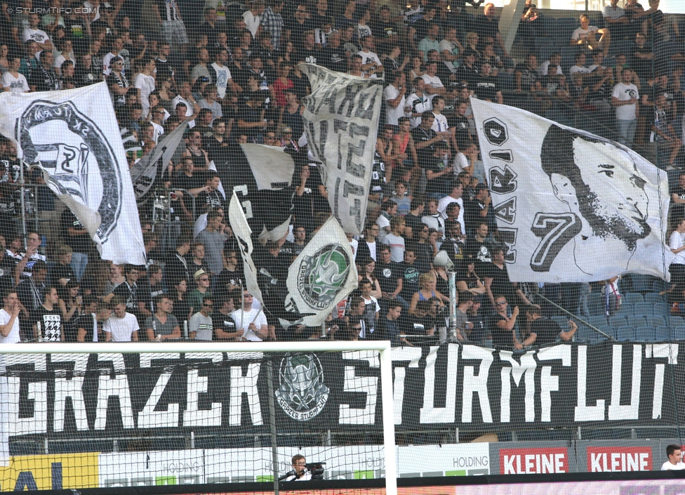 Sturm Graz - Wiener Neustadt
Oesterreichische Fussball Bundesliga, 3. Runde, SK Sturm Graz - SC Wiener Neustadt, Stadion Liebenau Graz, 02.08.2014. 

Foto zeigt mit einem Spruchband
