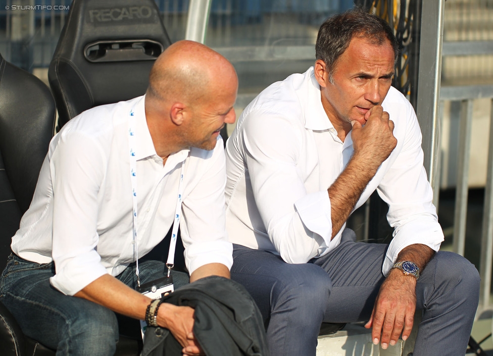 Sturm Graz - Wiener Neustadt
Oesterreichische Fussball Bundesliga, 3. Runde, SK Sturm Graz - SC Wiener Neustadt, Stadion Liebenau Graz, 02.08.2014. 

Foto zeigt Gerhard Goldbrich (General Manager Sturm) und Darko Milanic (Cheftrainer Sturm)
