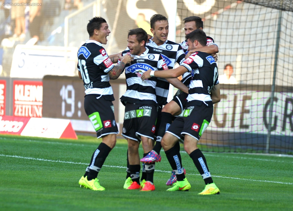 Sturm Graz - Wiener Neustadt
Oesterreichische Fussball Bundesliga, 3. Runde, SK Sturm Graz - SC Wiener Neustadt, Stadion Liebenau Graz, 02.08.2014. 

Foto zeigt Marko Stankovic (Sturm), David Schloffer (Sturm), Daniel Beichler (Sturm) und Marco Djuricin (Sturm)
Schlüsselwörter: torjubel