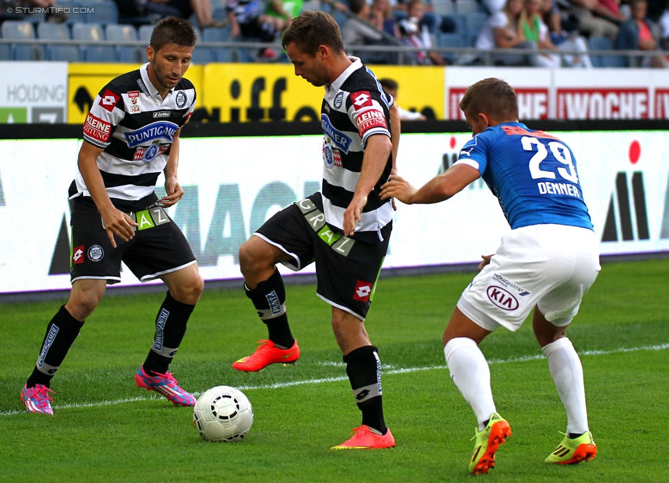 Sturm Graz - Wiener Neustadt
Oesterreichische Fussball Bundesliga, 3. Runde, SK Sturm Graz - SC Wiener Neustadt, Stadion Liebenau Graz, 02.08.2014. 

Foto zeigt Aleksandar Todorovski (Sturm), David Schloffer (Sturm) und Lukas Denner (Wr. Neustadt)
