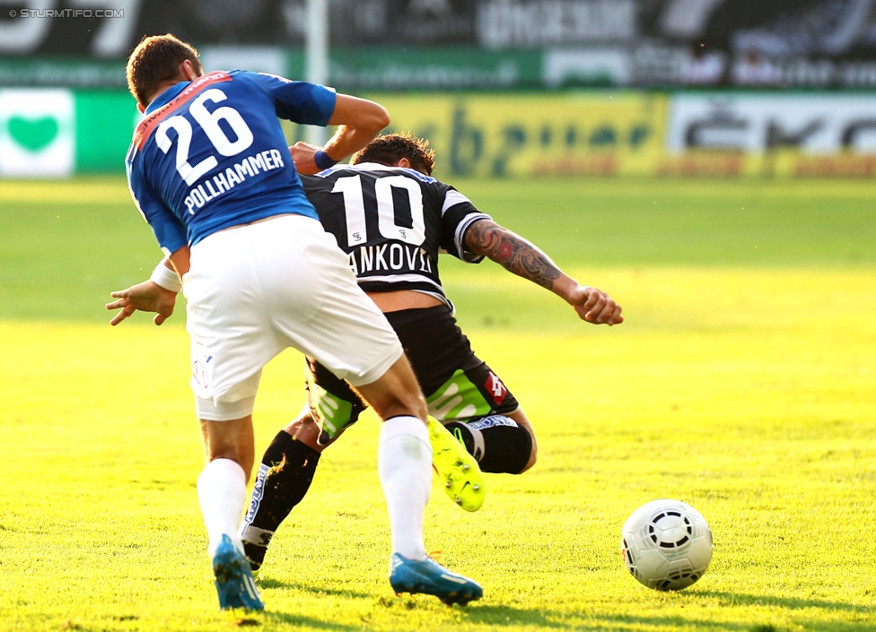 Sturm Graz - Wiener Neustadt
Oesterreichische Fussball Bundesliga, 3. Runde, SK Sturm Graz - SC Wiener Neustadt, Stadion Liebenau Graz, 02.08.2014. 

Foto zeigt Mario Pollhammer (Wr. Neustadt) und Marko Stankovic (Sturm)
