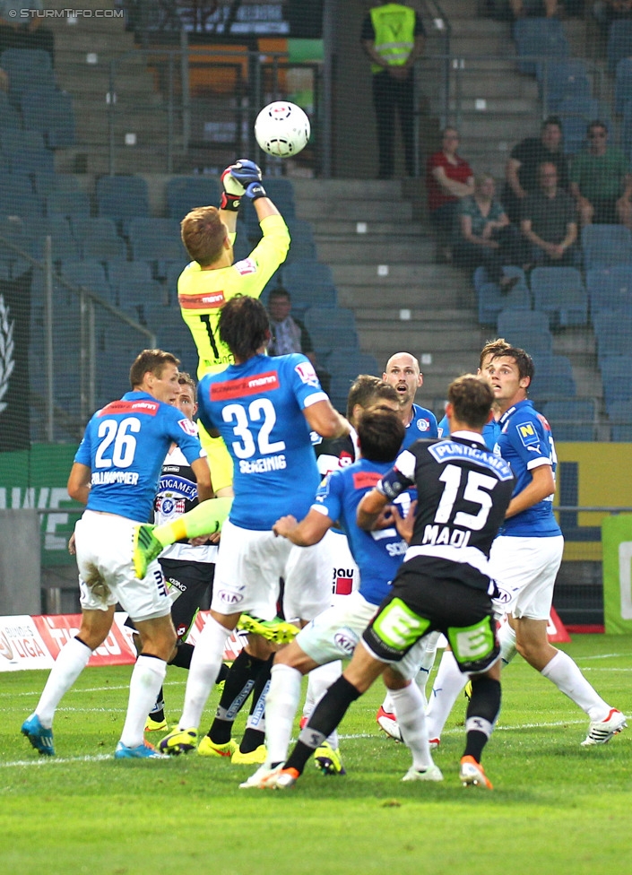 Sturm Graz - Wiener Neustadt
Oesterreichische Fussball Bundesliga, 3. Runde, SK Sturm Graz - SC Wiener Neustadt, Stadion Liebenau Graz, 02.08.2014. 

Foto zeigt Mario Pollhammer (Wr. Neustadt), Thomas Vollnhofer (Wr. Neustadt), Matthias Sereinig (Wr. Neustadt) und Michael Madl (Sturm)
