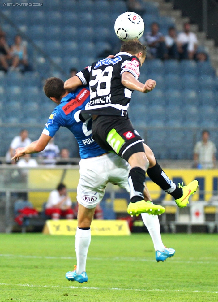 Sturm Graz - Wiener Neustadt
Oesterreichische Fussball Bundesliga, 3. Runde, SK Sturm Graz - SC Wiener Neustadt, Stadion Liebenau Graz, 02.08.2014. 

Foto zeigt Mario Pollhammer (Wr. Neustadt) und Daniel Beichler (Sturm)
Schlüsselwörter: kopfball