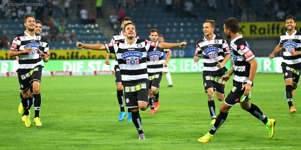 Sturm Graz - Wiener Neustadt
Oesterreichische Fussball Bundesliga, 3. Runde, SK Sturm Graz - SC Wiener Neustadt, Stadion Liebenau Graz, 02.08.2014. 

Foto zeigt Lukas Spendlhofer (Sturm), Daniel Offenbacher (Sturm), Daniel Beichler (Sturm), Marco Djuricin (Sturm) und Michael Madl (Sturm)
Schlüsselwörter: torjubel