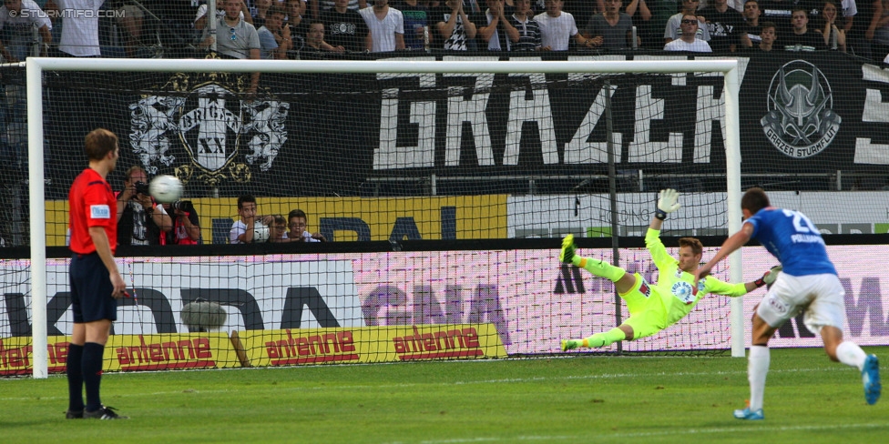 Sturm Graz - Wiener Neustadt
Oesterreichische Fussball Bundesliga, 3. Runde, SK Sturm Graz - SC Wiener Neustadt, Stadion Liebenau Graz, 02.08.2014. 

Foto zeigt Schiedsrichter Dominik Ouschan und Thomas Vollnhofer (Wr. Neustadt)
Schlüsselwörter: elfmeter tor