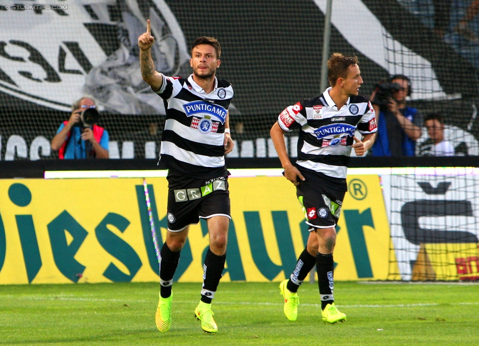 Sturm Graz - Wiener Neustadt
Oesterreichische Fussball Bundesliga, 3. Runde, SK Sturm Graz - SC Wiener Neustadt, Stadion Liebenau Graz, 02.08.2014. 

Foto zeigt Marco Djuricin (Sturm) und Daniel Beichler (Sturm)
Schlüsselwörter: torjubel