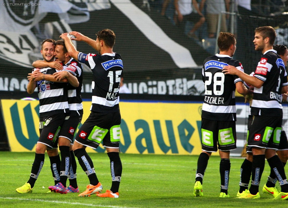 Sturm Graz - Wiener Neustadt
Oesterreichische Fussball Bundesliga, 3. Runde, SK Sturm Graz - SC Wiener Neustadt, Stadion Liebenau Graz, 02.08.2014. 

Foto zeigt Christian Klem (Sturm), Lukas Spendlhofer (Sturm), Michael Madl (Sturm), Daniel Beichler (Sturm) und Tomislav Barbaric (Sturm) 
Schlüsselwörter: torjubel