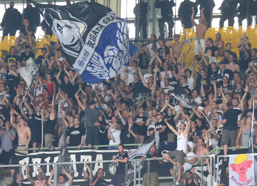 Rapid - Sturm Graz
Oesterreichische Fussball Bundesliga, 4. Runde, SK Rapid Wien - SK Sturm Graz, Ernst-Happel-Stadion Wien, 09.08.2014. 

Foto zeigt Fans von Sturm 
