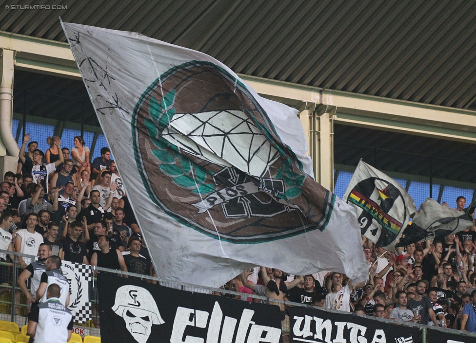 Rapid - Sturm Graz
Oesterreichische Fussball Bundesliga, 4. Runde, SK Rapid Wien - SK Sturm Graz, Ernst-Happel-Stadion Wien, 09.08.2014. 

Foto zeigt Fans von Sturm
