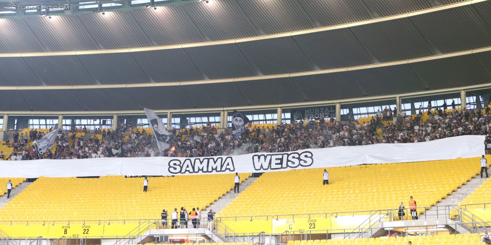 Rapid - Sturm Graz
Oesterreichische Fussball Bundesliga, 4. Runde, SK Rapid Wien - SK Sturm Graz, Ernst-Happel-Stadion Wien, 09.08.2014. 

Foto zeigt Fans von Sturm mit einer Choreografie
