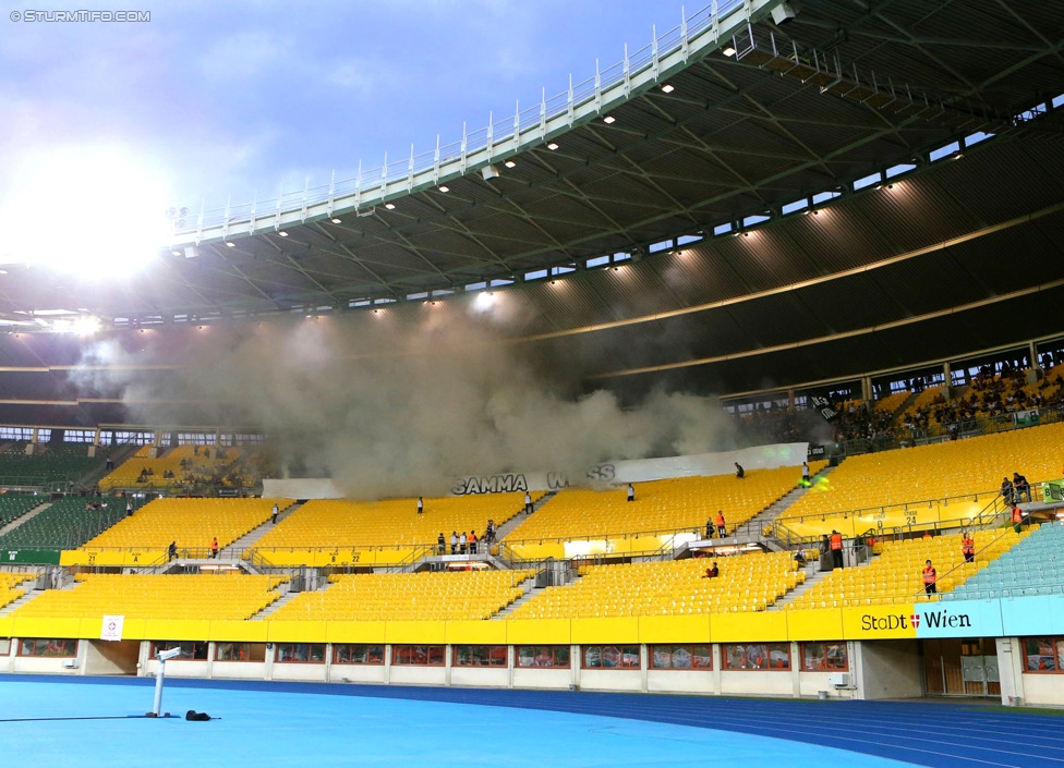 Rapid - Sturm Graz
Oesterreichische Fussball Bundesliga, 4. Runde, SK Rapid Wien - SK Sturm Graz, Ernst-Happel-Stadion Wien, 09.08.2014. 

Foto zeigt Fans von Sturm mit einer Choreografie
