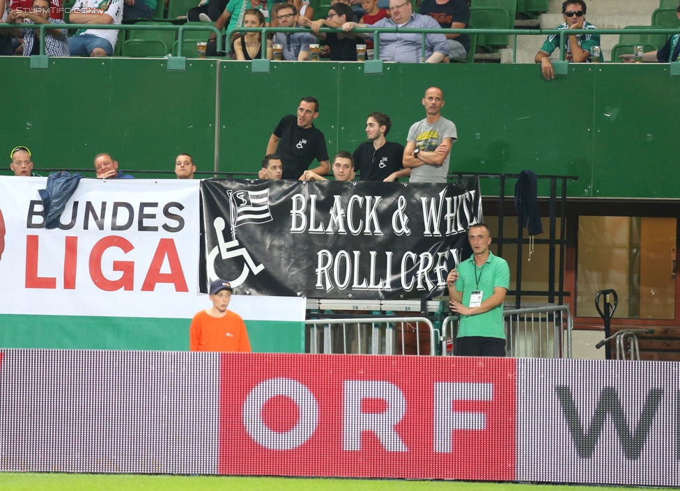 Rapid - Sturm Graz
Oesterreichische Fussball Bundesliga, 4. Runde, SK Rapid Wien - SK Sturm Graz, Ernst-Happel-Stadion Wien, 09.08.2014. 

Foto zeigt Fans von Sturm 
