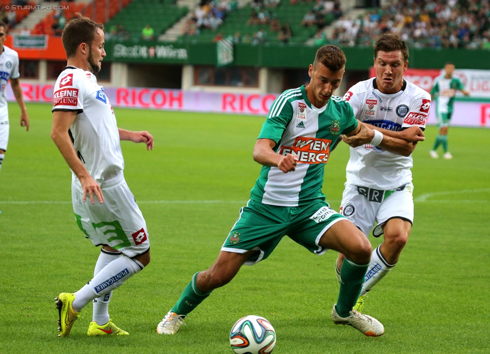 Rapid - Sturm Graz
Oesterreichische Fussball Bundesliga, 4. Runde, SK Rapid Wien - SK Sturm Graz, Ernst-Happel-Stadion Wien, 09.08.2014. 

Foto zeigt Christian Klem (Sturm) und Marko Stankovic (Sturm)
