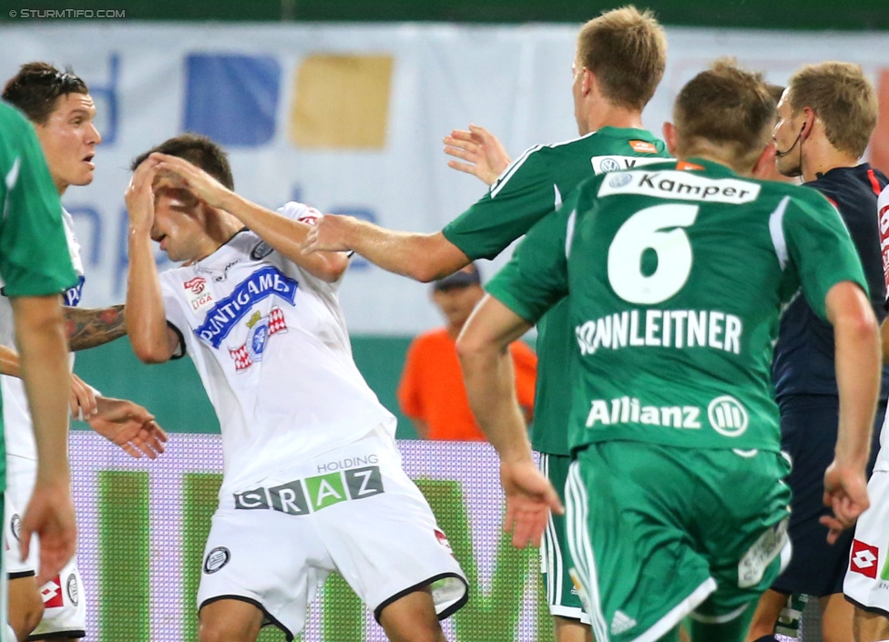 Rapid - Sturm Graz
Oesterreichische Fussball Bundesliga, 4. Runde, SK Rapid Wien - SK Sturm Graz, Ernst-Happel-Stadion Wien, 09.08.2014. 

Foto zeigt Marko Stankovic (Sturm), Anel Hadzic (Sturm), Robert Beric (Rapid), Mario Sonnleitner (Rapid) und Schiedsrichter Manuel Schuettengruber
Schlüsselwörter: foul