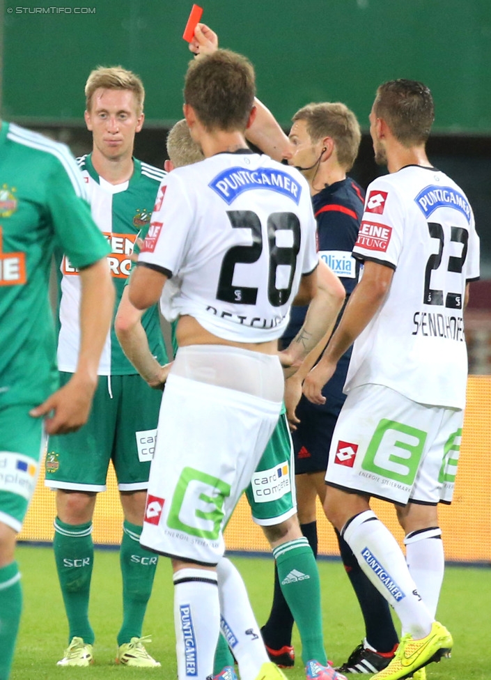 Rapid - Sturm Graz
Oesterreichische Fussball Bundesliga, 4. Runde, SK Rapid Wien - SK Sturm Graz, Ernst-Happel-Stadion Wien, 09.08.2014. 

Foto zeigt Robert Beric (Rapid), Daniel Beichler (Sturm), Schiedsrichter Manuel Schuettengruber und Lukas Spendlhofer (Sturm)
Schlüsselwörter: rote