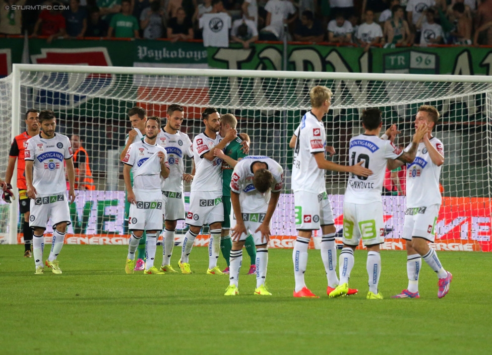 Rapid - Sturm Graz
Oesterreichische Fussball Bundesliga, 4. Runde, SK Rapid Wien - SK Sturm Graz, Ernst-Happel-Stadion Wien, 09.08.2014. 

Foto zeigt die Mannschaft von Sturm
Schlüsselwörter: jubel