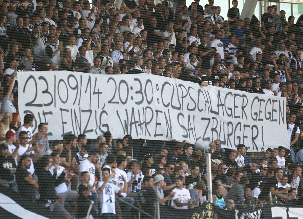 Sturm Graz - Austria Wien
Oesterreichische Fussball Bundesliga, 5. Runde, SK Sturm Graz - FK Austria Wien, Stadion Liebenau Graz, 17.08.2014. 

Foto zeigt Fans von Sturm mit einem Spruchband
